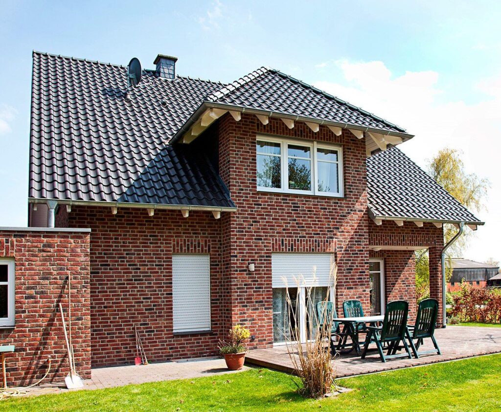 Brick cladding adds a timeless look to the house's exterior.